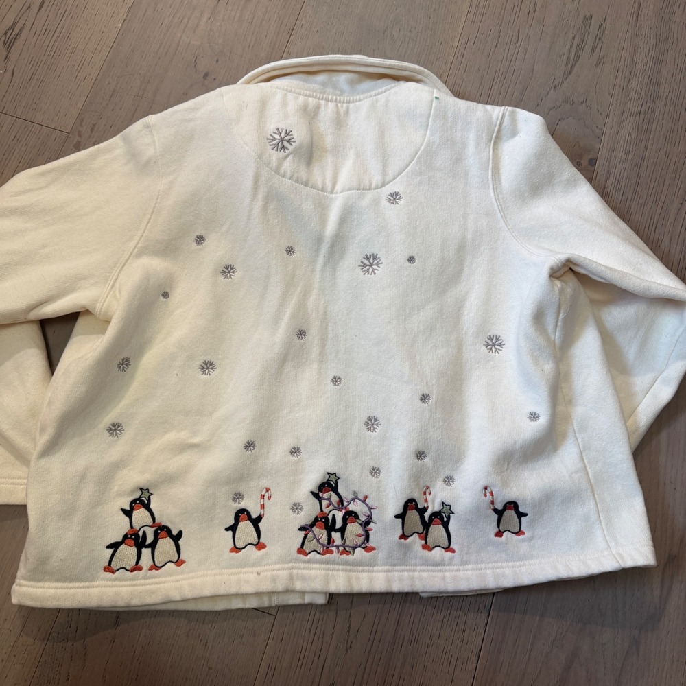 VTG Christopher & Banks W Lg Cream Penguin Embroidered Fleece Cardigan Jacket - Picture 4 of 6